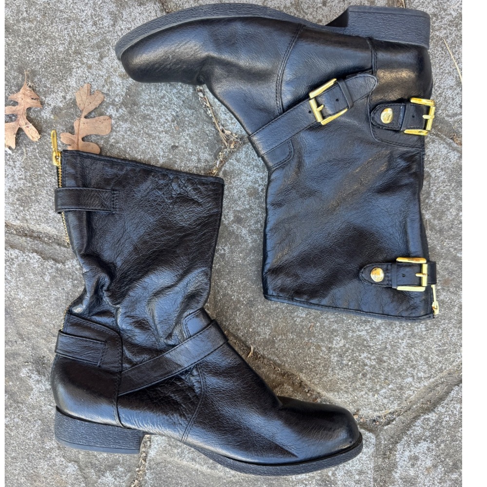 Steve Madden Black Leather Ankle Moto Boots Gold‎ Buckle Biker Mid Calf Size 8M